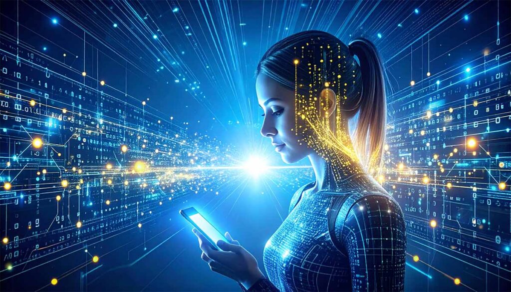 A woman looking at a phone with Google Ads